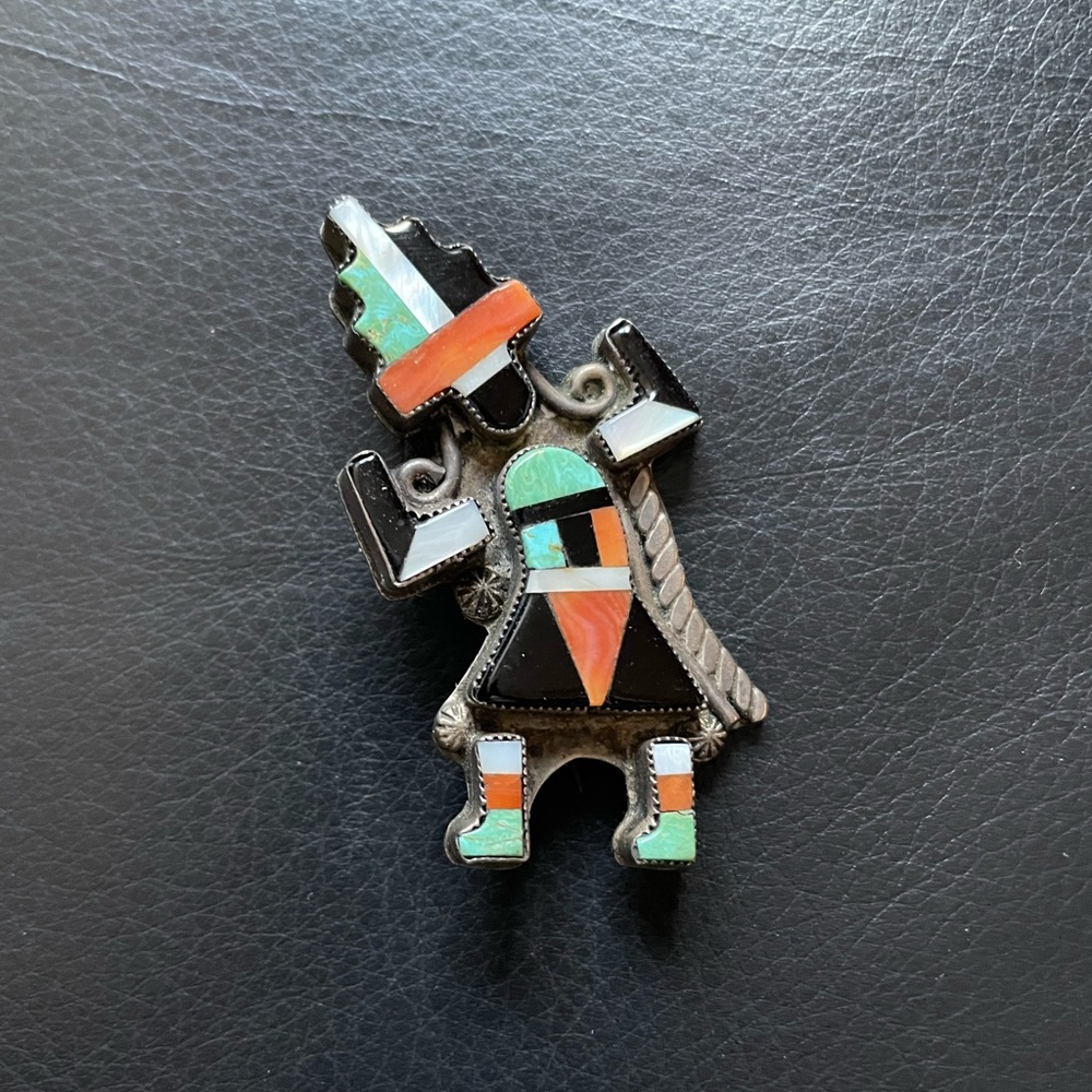 Vintage Sterling Native American Zuni Inlay Rainbow Man brooch